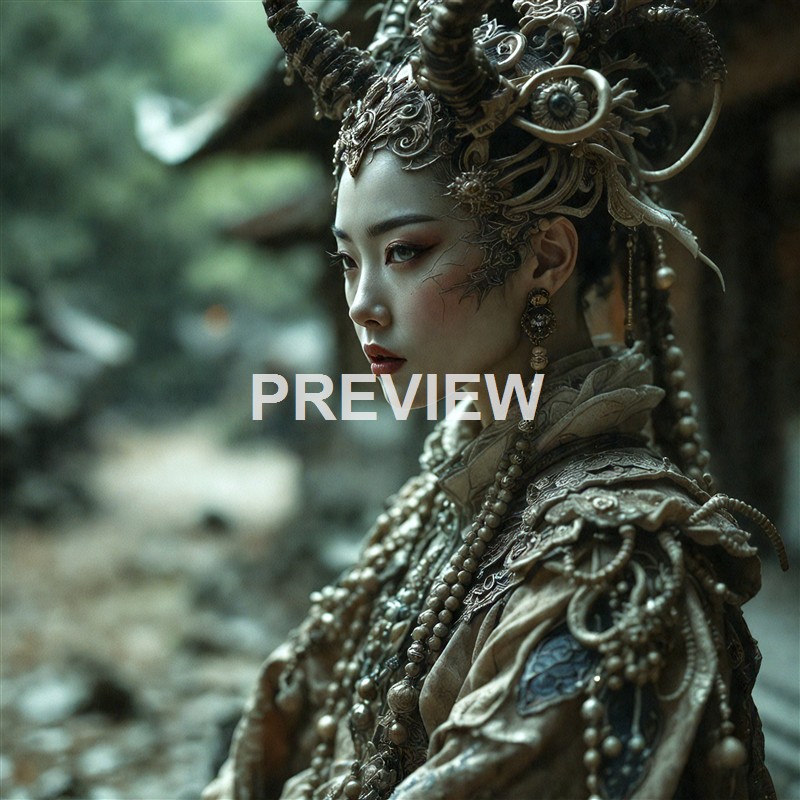 A woman dressed in elaborate, fantasy-inspired armor with intricate headgear and jewelry, standing outdoors with a blurred natural background.